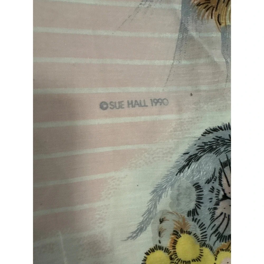 Vintage Sue Hall 1990 Bed Sheets Set Pink Striped Dog Cat Mouse Teddy Bear Print